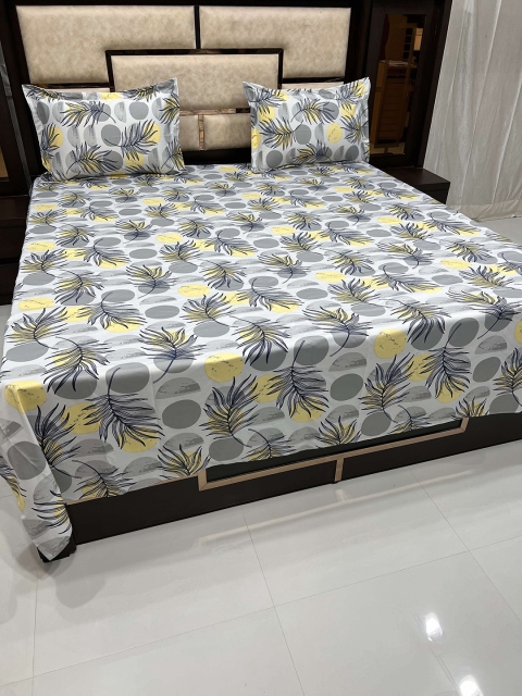 

Pure Decor Grey & Yellow Floral 260 TC Queen Bedsheet with 2 Pillow Covers