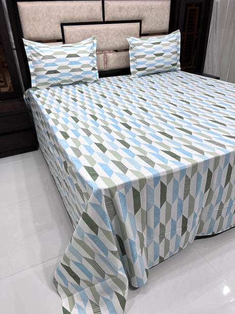 

Pure Decor White & Blue Geometric King Bedsheet with 2 Pillow Covers