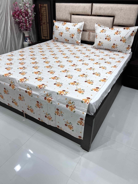 

Pure Decor Orange & Off White Floral 260 TC Single Bedsheet with 2 Pillow Covers