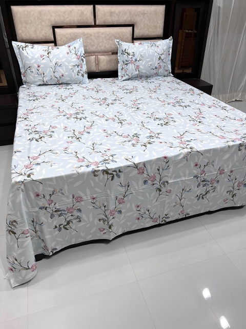 

Pure Decor Blue & Pink Floral 380 TC King Bedsheet with 2 Pillow Covers