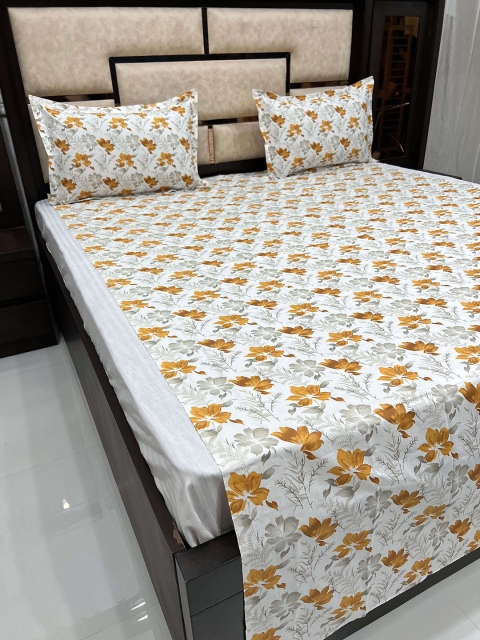 

Pure Decor Grey & Mustard Floral 260 TC Single Bedsheet with 2 Pillow Covers