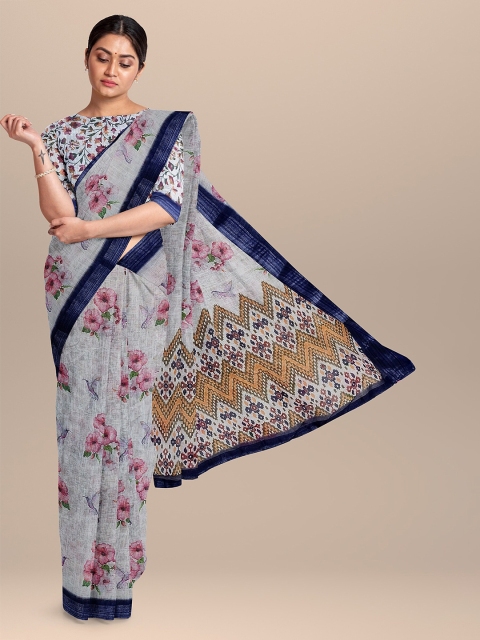 

The Chennai Silks Grey & Navy Blue Floral Zari Linen Blend Fusion Saree