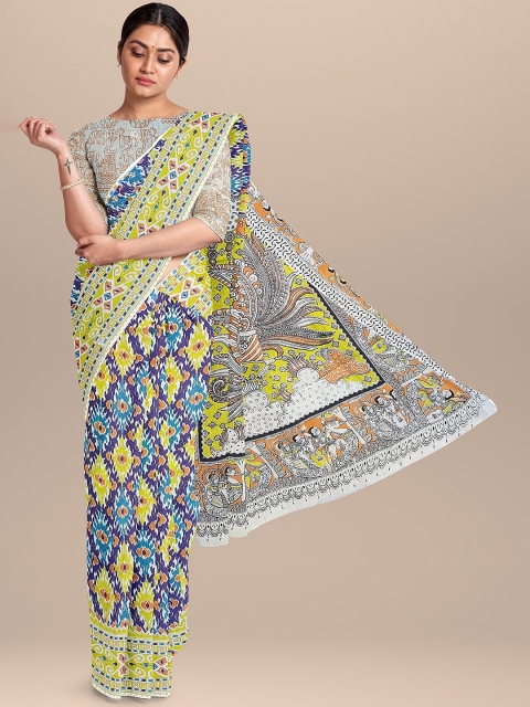 

The Chennai Silks Blue & Yellow Kalamkari Pure Cotton Fusion Saree