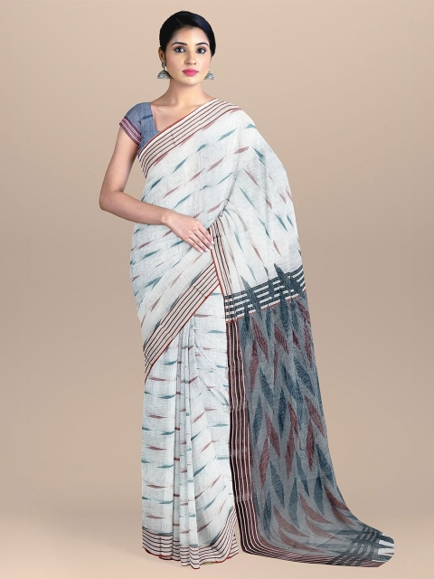 

The Chennai Silks Off White & Blue Striped Linen Blend Saree