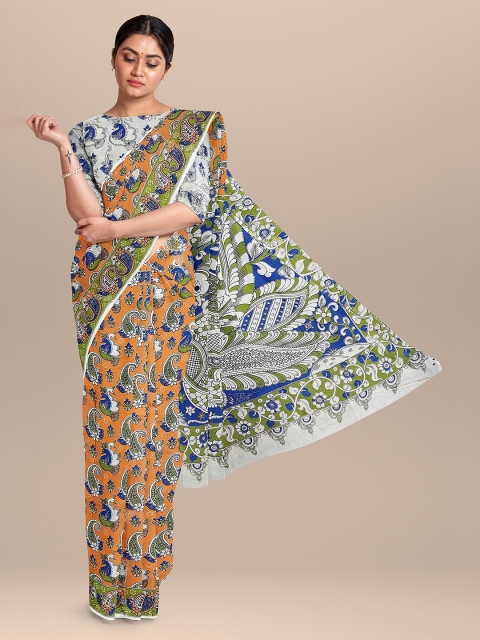 

The Chennai Silks Orange & White Kalamkari Pure Cotton Fusion Saree