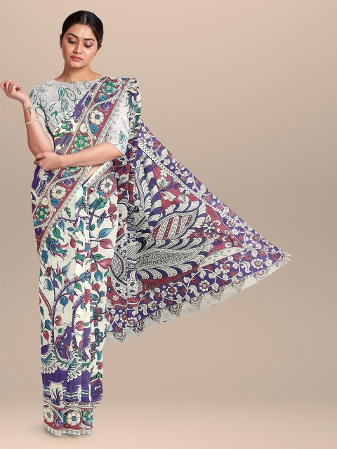 

The Chennai Silks Beige & Blue Kalamkari Pure Cotton Fusion Saree