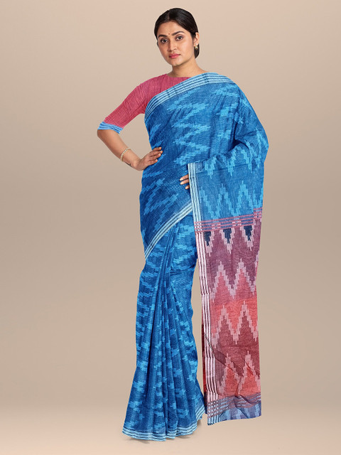 

The Chennai Silks Blue & Pink Striped Zari Linen Blend Fusion Saree
