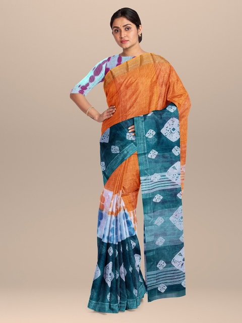 

The Chennai Silks Orange & Green Tie and Dye Linen Blend Fusion Saree