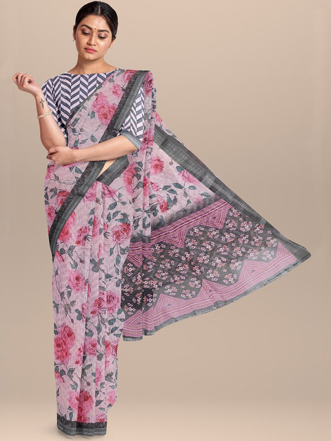 

The Chennai Silks Peach-Coloured & Green Floral Zari Linen Blend Fusion Saree