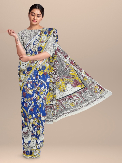 

The Chennai Silks Navy Blue & White Kalamkari Pure Cotton Fusion Saree