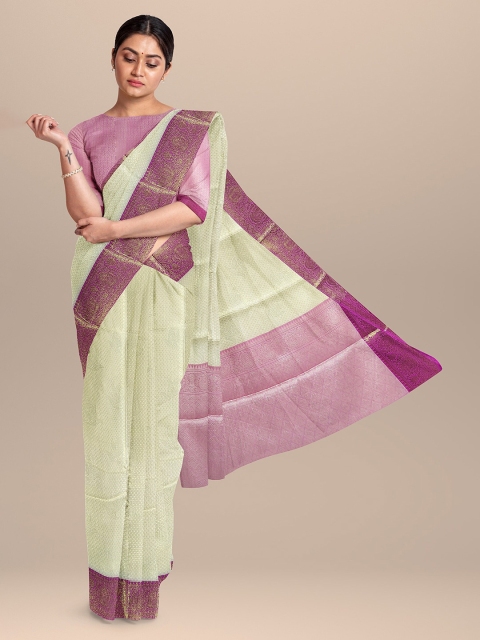 

The Chennai Silks Cream-Coloured & Purple Woven Design Zari Organza Fusion Banarasi Saree