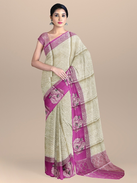 

The Chennai Silks Cream-Coloured & Pink Woven Design Zari Organza Banarasi Saree