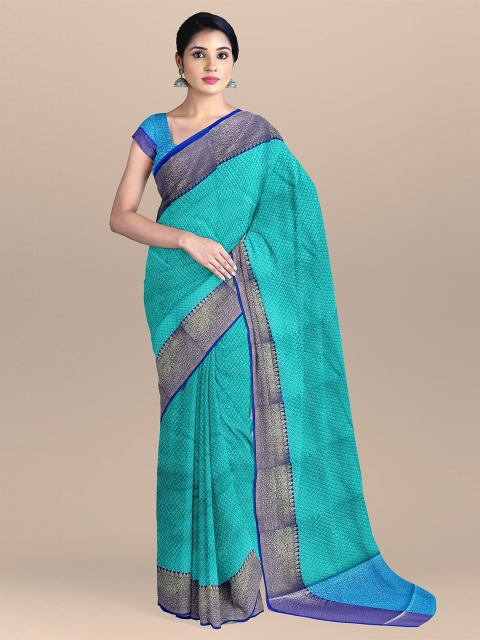 

The Chennai Silks Blue & Silver-Toned Woven Design Zari Organza Banarasi Saree
