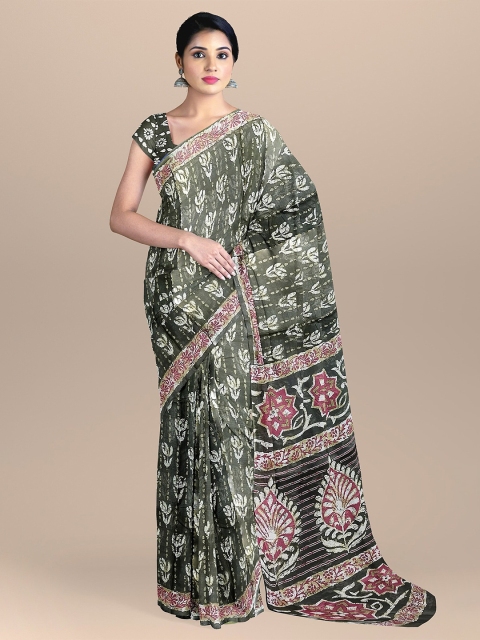 

The Chennai Silks Green & Pink Floral Pure Cotton Fusion Saree