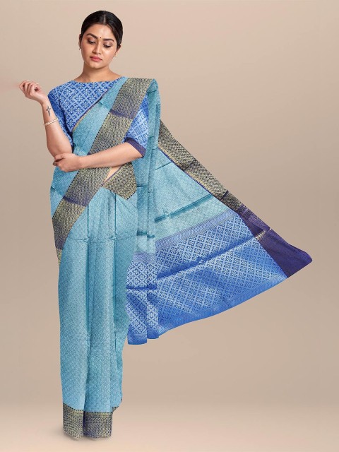 

The Chennai Silks Blue & Gold-Toned Floral Zari Organza Fusion Banarasi Saree