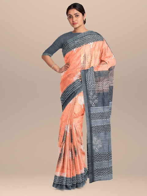 

The Chennai Silks Orange & Grey Floral Linen Blend Fusion Saree