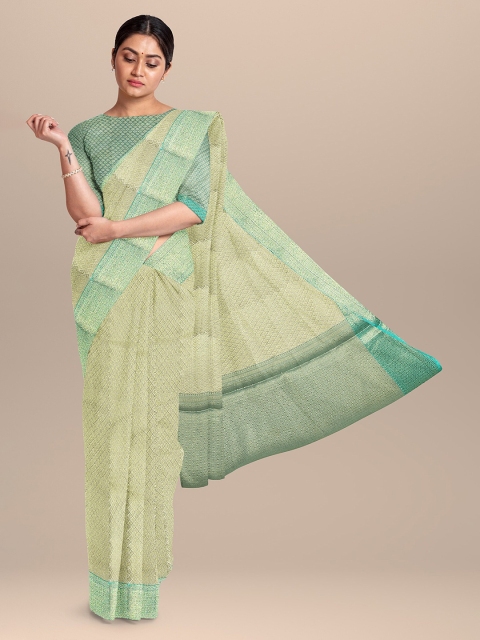 

The Chennai Silks Cream-Coloured & Green Woven Design Zari Organza Fusion Banarasi Saree