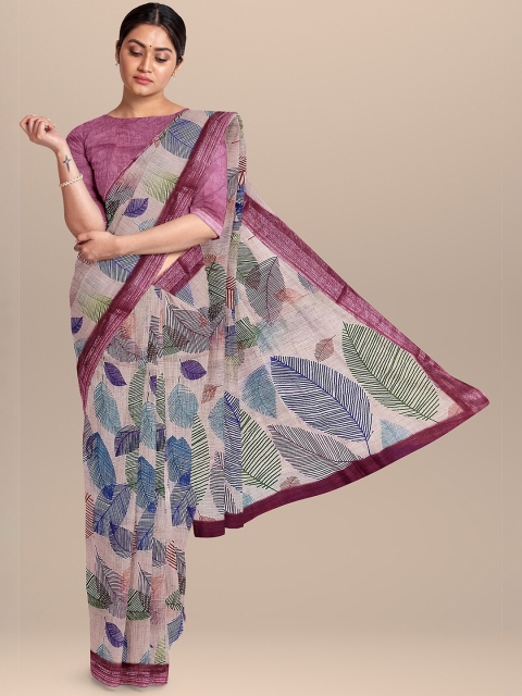 

The Chennai Silks Beige & Purple Floral Zari Linen Blend Fusion Saree