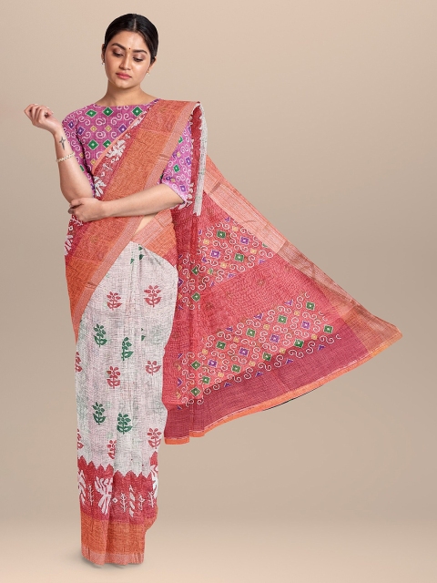 

The Chennai Silks Peach-Coloured & Green Floral Zari Linen Blend Fusion Saree