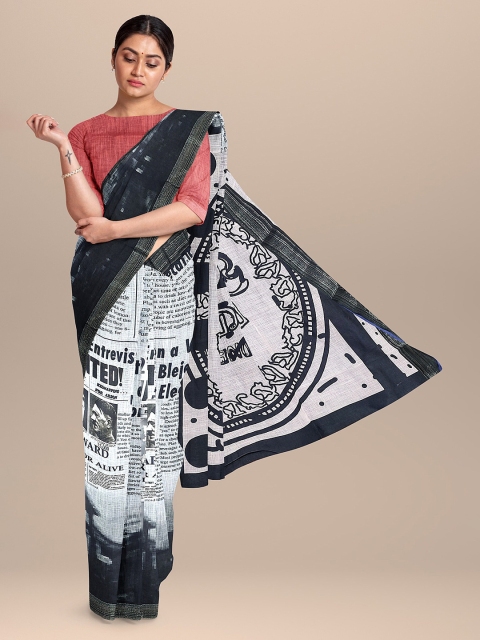 

The Chennai Silks White & Black Linen Blend Fusion Saree