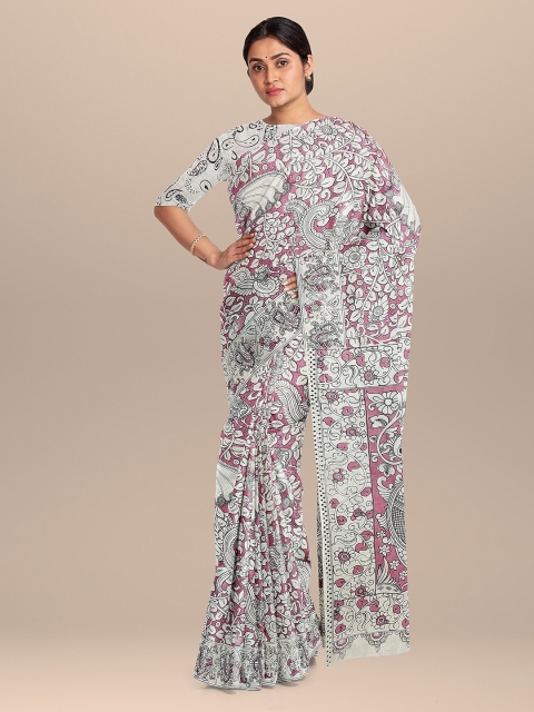 

The Chennai Silks Beige & White Kalamkari Pure Cotton Fusion Saree