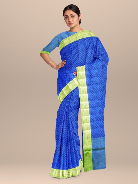 

The Chennai Silks Navy Blue & Green Floral Zari Organza Fusion Banarasi Saree