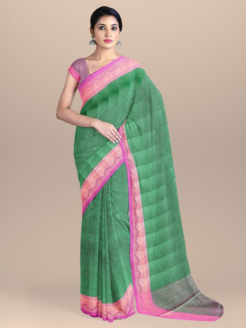 

The Chennai Silks Green & Pink Floral Zari Organza Banarasi Saree