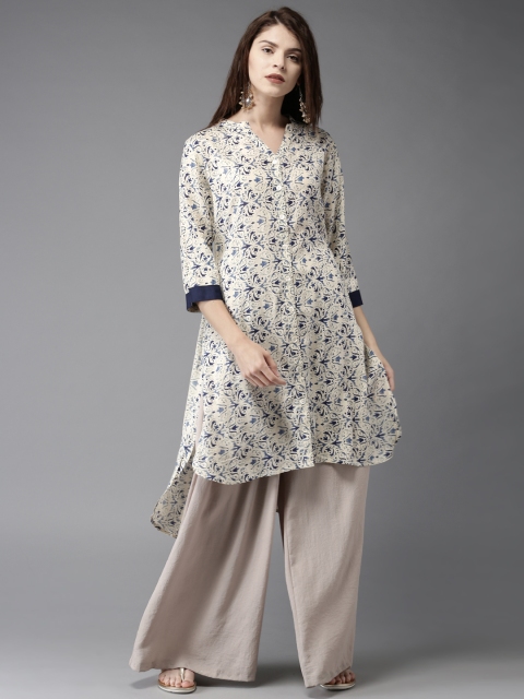 

Moda Rapido Women Cream-Coloured & Navy Blue Printed A-Line Kurta