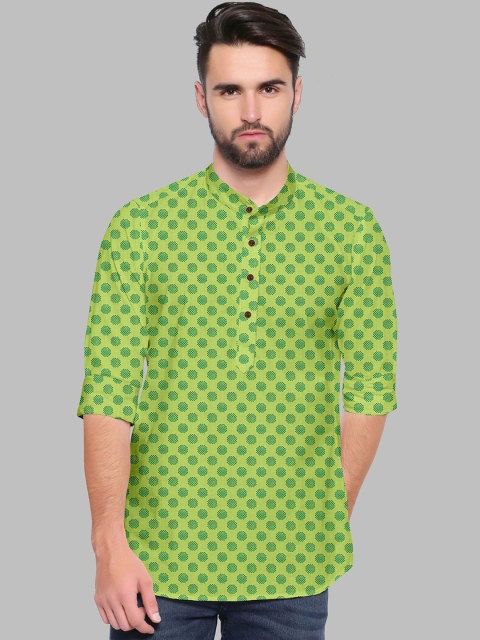 

Fashion FRICKS Men Green Cotton Silk Jacquard Curved Kurta