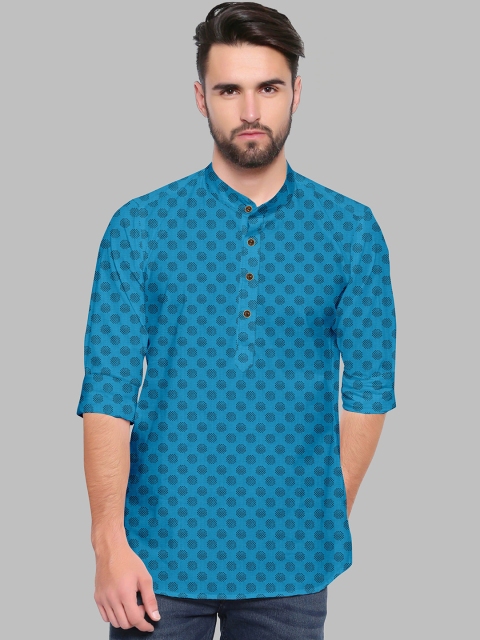 

Fashion FRICKS Men Blue Printed Mandarin Collar Straight Cotton Kurta