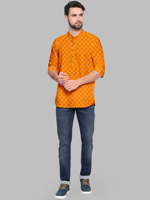 

Fashion FRICKS Men Mustard Yellow Printed Jacquard Straight Kurta