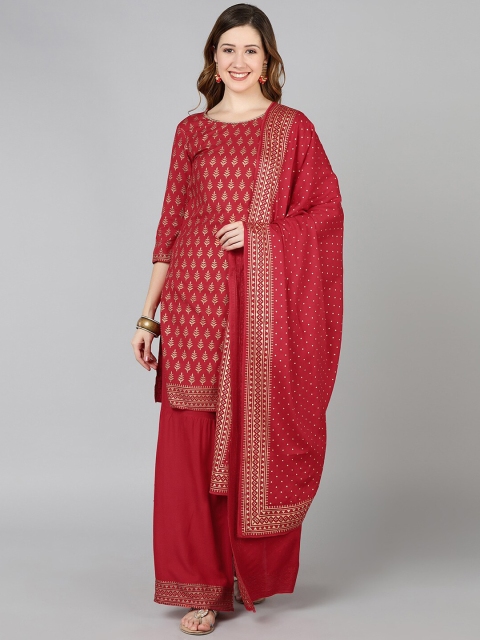 

Jaipur Folk Women Red Ethnic Motifs Printed Kurta with Sharara & With Dupatta