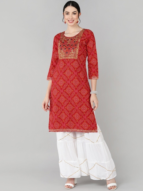 

Jaipur Folk Women Red Bandhani Embroidered Kurta with Sharara
