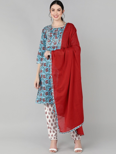 

Jaipur Folk Women Blue Floral Printed Kurta with Trousers & With Dupatta
