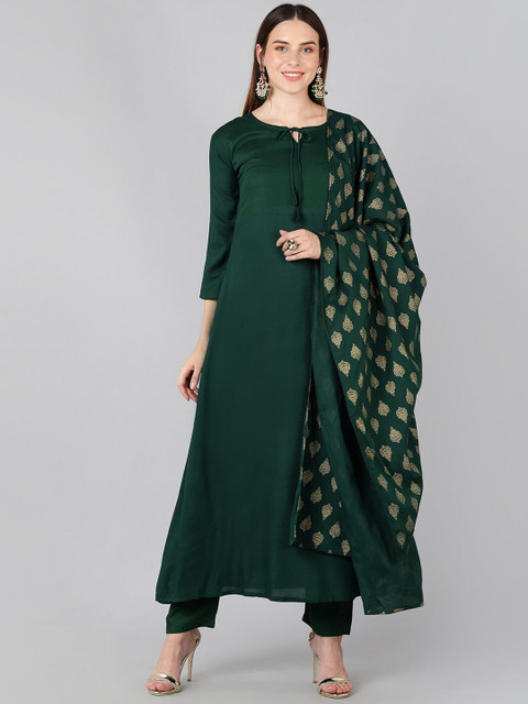 

Jaipur Folk Women Green Kurta with Trousers & With Dupatta