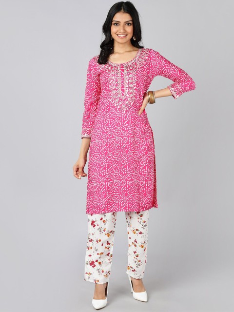 

Jaipur Folk Women Pink Ethnic Motifs Embroidered Kurta with Trousers