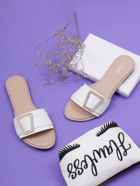 

VEILLE Women White Textured Open Toe Flats with Buckles