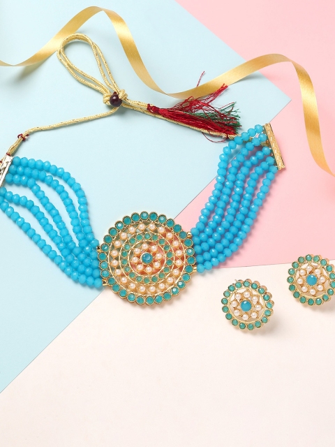 

MAD CLUB Gold-Plated Blue Pearl Diamond Kundan Studded Choker Jewellery Set