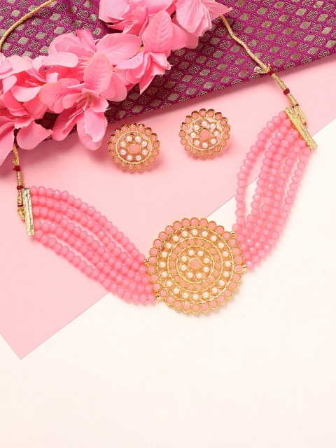 

MAD CLUB Gold-Plated Pink Kundan-Studded & Beaded Jewellery Set
