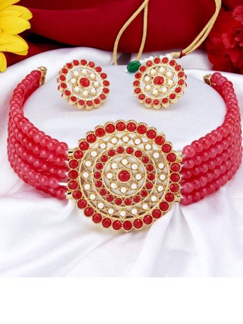 

MAD CLUB Red Gold-Plated Pearl Studded Choker Jewellery Set