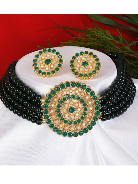 

MAD CLUB Gold-Plated White & Green Kundan Studded & Pearls Beaded Jewellery Set