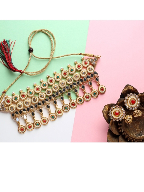 

MAD CLUB Gold-Plated Red & Green Pearls Stone-Studded & Beaded Jewellery Set