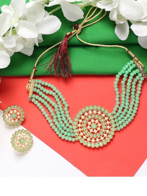 

MAD CLUB Gold-Plated Green Kundan Studded & Beaded Jewellery Set