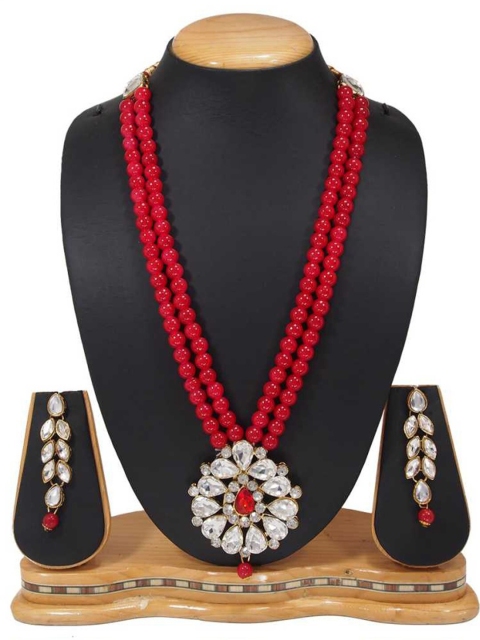 

MAD CLUB Gold-Plated Red & White Kundan Studded & Beaded Jewellery Set