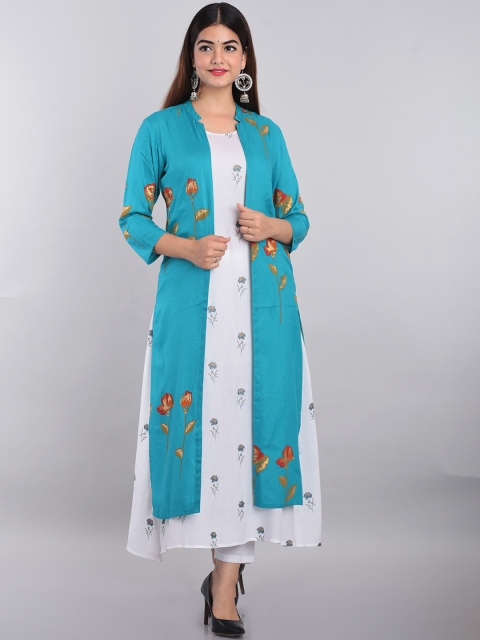 

METRO-FASHION Women White & Blue Floral Printed Floral A-Line Kurta with Jacket
