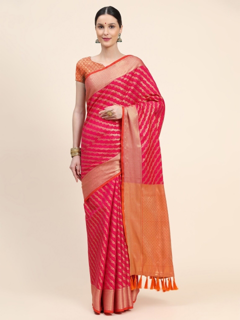 

KALANANDI Pink & Gold-Toned Striped Zari Silk Blend Patola Saree