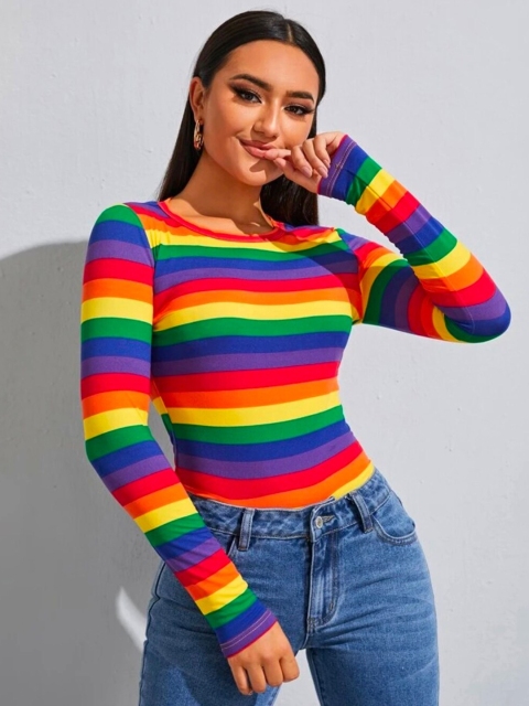 

Dream Beauty Fashion Women Multicoloured Rainbow Striped Top, Multi