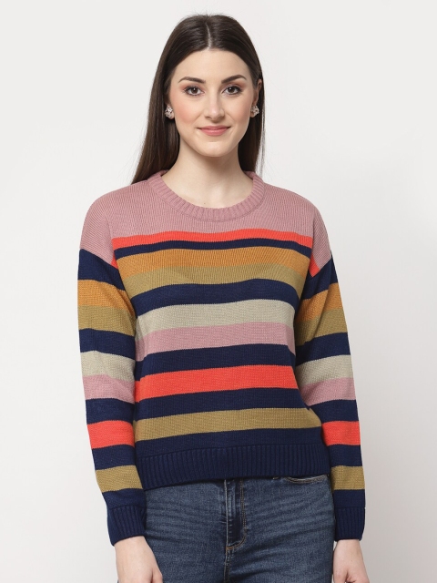 

Club York Women Navy Blue & Pink Striped Acrylic Pullover