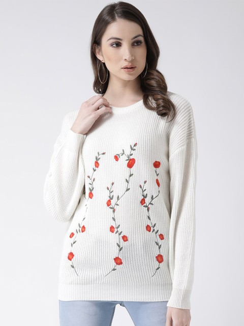 

Club York Women Off White & Red Floral Embroidered Pullover