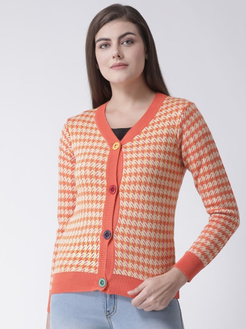 

Club York Women Orange & Yellow Checked Cardigan